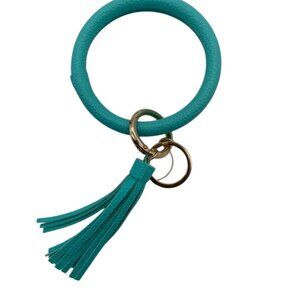 Mint Green Leather Tassel Bangle Keychain With Sunburst Charm & Rings Wristlet